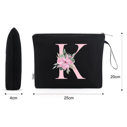 Vavabox A-Z Personalized Makeup Bag, Birthday Gifts for Women Mom, Gifts for Best Friend, Bride Bridesmaid Cosmetic bag (K, Black)