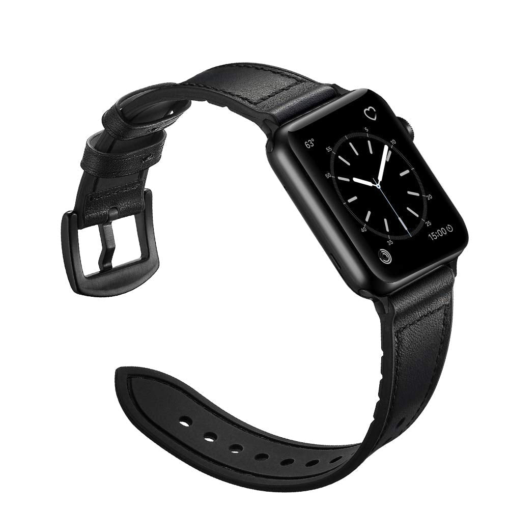 OUHENG Leather Bands Compatible with Apple Watch Band 49mm/46mm/45mm/44mm/42mm, Leather Rubber Hybrid Strap for iWatch Ultra 3/2/1 Series 11 10 9 8 7 6 5 4 3 2 1 SE 3/2/1, Black/Black