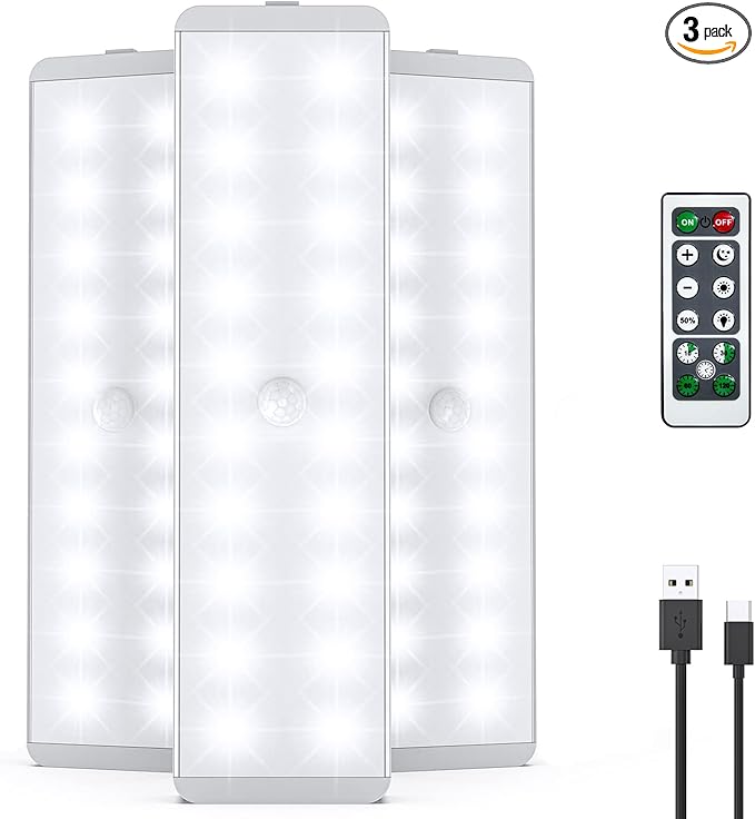 LED Closet Light, 20LEDs Dimmer USB Rechargeable Motion Sensor Light Under Cabinet Lighting, Stick-Anywhere Night Safe Light Bar for Wardrobe,Kitchen-3 Pcs
