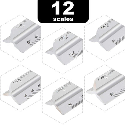 6 Pcs Triangular Ruler Set 12 Inch Engineering Scale Aluminum Architect Drafting Ruler Metal Protractor Arquitectura Accessories for Students Draftsman Engineers Metric