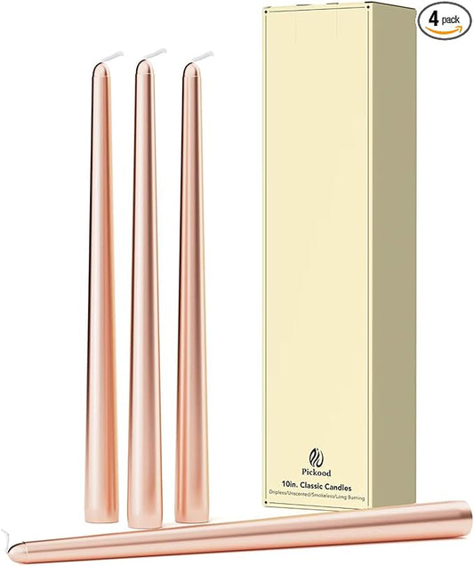 10-Inch Tall Dripless Taper Candles Set of 4 - Rose Gold Tapered Candles, Perfect for Spring - Smokeless, Unscented, Long Burning - Hand Poured, Colored Tall Candlesticks - Rose Gold