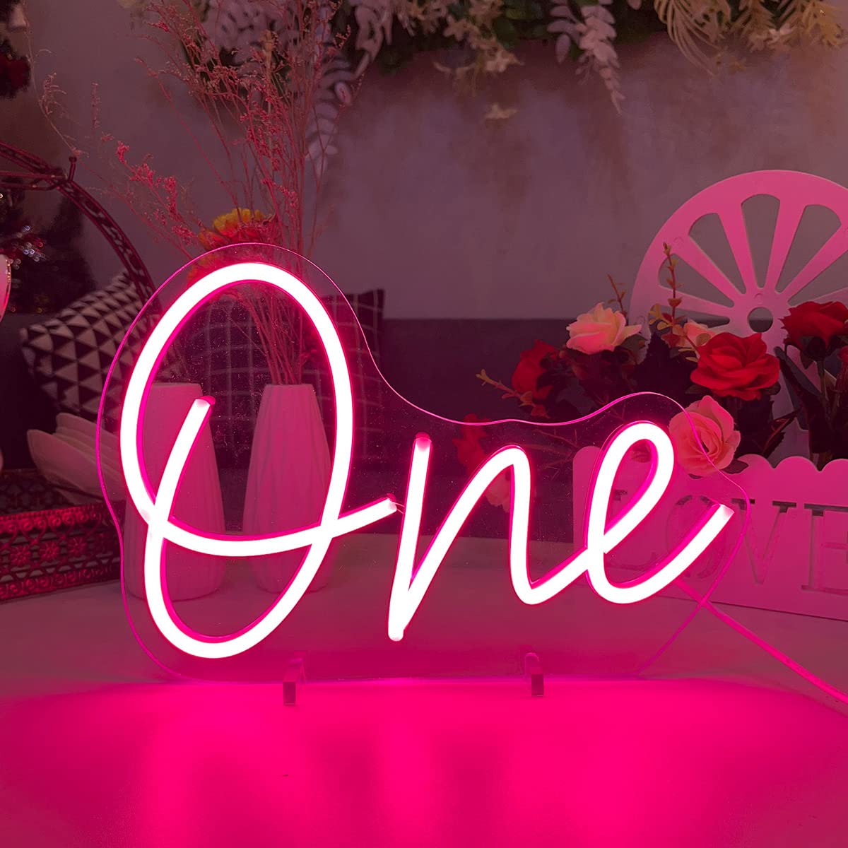 One Baby Birthday Neon Sign Table Number,Desk Lamp Night Light LED Neon Sign Custom Number Letter Sign Wedding Table Decorations Neon Light Bedroom Home Room Decor Christmas Party Pink USB 28.8×19.6CM