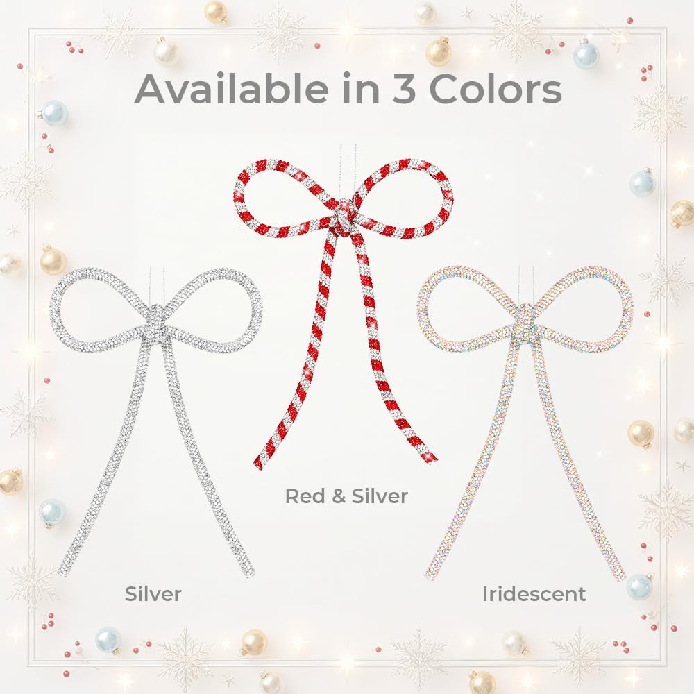 XMIAOX 3 Pcs Handmade Rhinestone Bow Christmas Ornaments, Sparkling Candy Cane Bows for Holiday Tree, Wreath & Gift Wrapping, Reusable Holiday, Home, Party Décor (Red & Silver, Small)