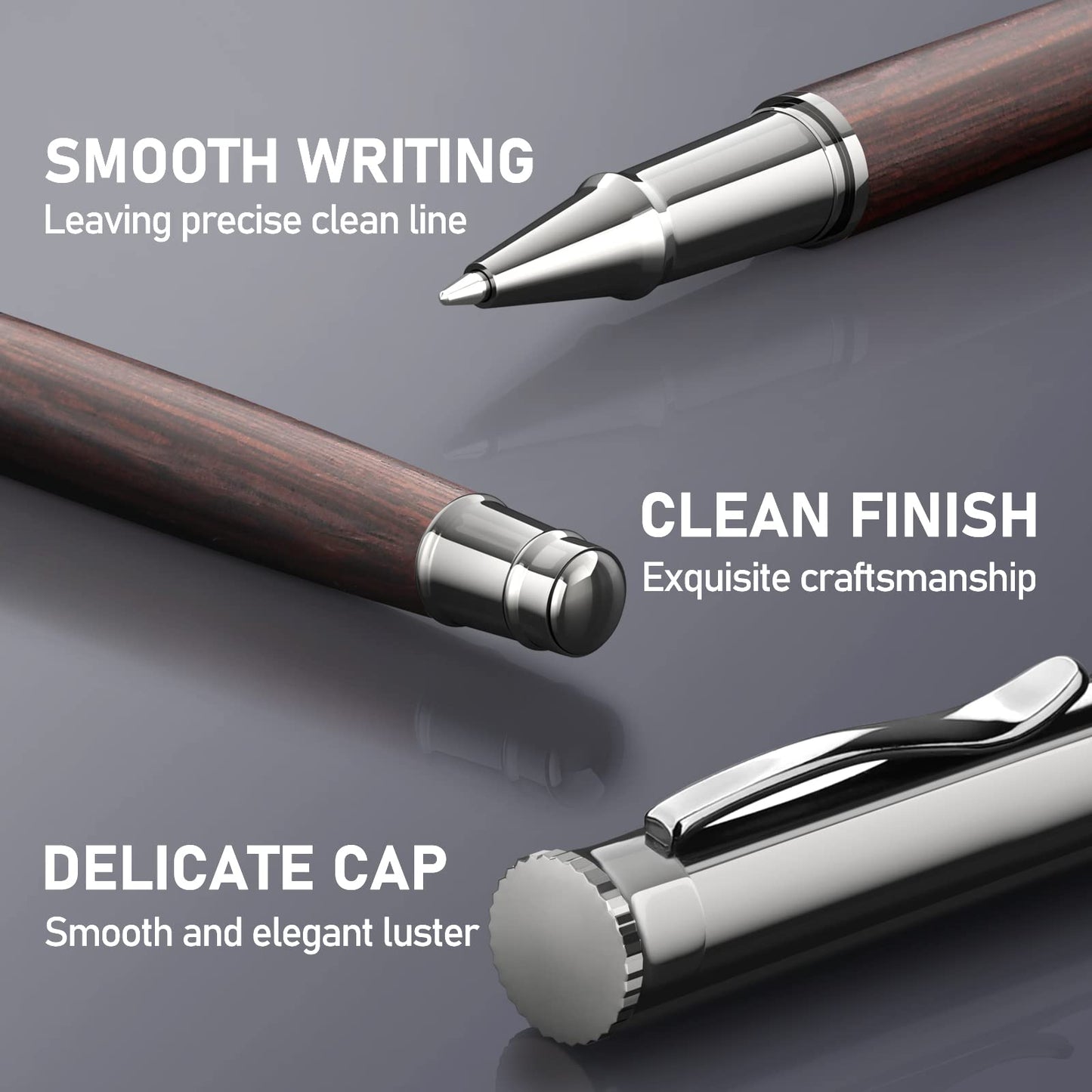 WEMATE Wood Rollerball Pen Set, Extra 2 Ink Refills(1 Black & 1 Blue), Fancy Writing Pen Nice Luxury Office Gift for Men, Professional, Executive, Cool Wooden Pen for Journaling - Black Oak