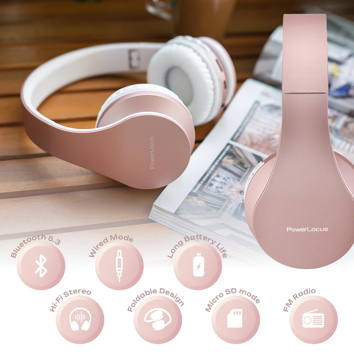 PowerLocus Wireless Bluetooth Over-Ear Stereo Foldable Headphones, Wired Headsets with Built-in Microphone for iPhone, Samsung, LG, iPad (Rose Gold)