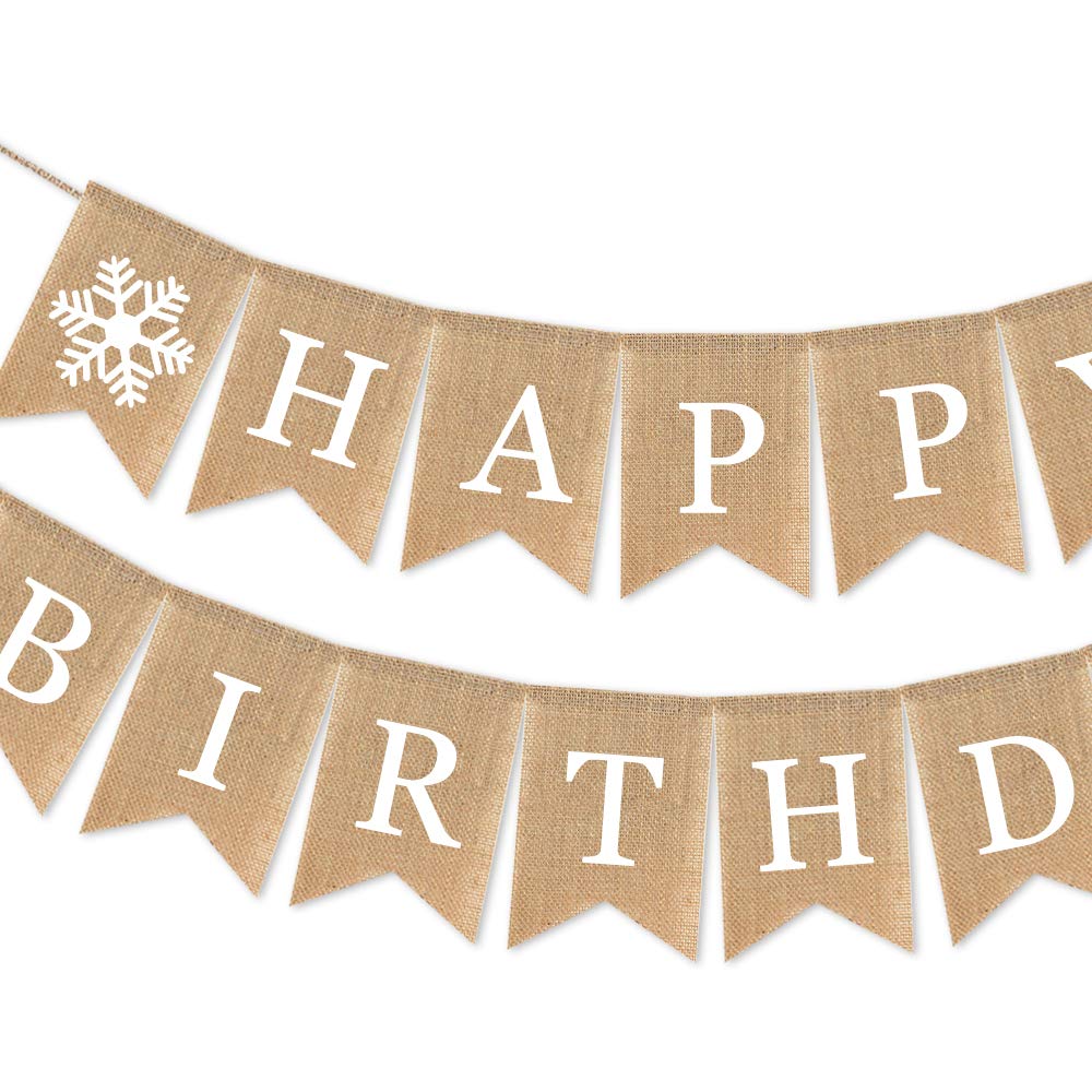 SWYOUN Burlap Happy Birthday Banner with Snowflake Birthday Party Bunting Garland Decoration