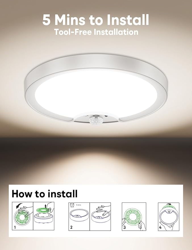 2 Pack Rechargeable Motion Sensor Ceiling Light - Remote Control 8000mAh 500LM Battery Operated Indoor Wireless Ceiling Shower Light LED Fixture Under Cabinet for Closet, Shower, Stairs, Shed, Hallway