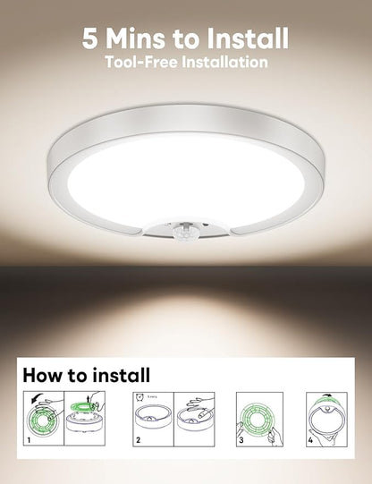 2 Pack Rechargeable Motion Sensor Ceiling Light - Remote Control 8000mAh 500LM Battery Operated Indoor Wireless Ceiling Shower Light LED Fixture Under Cabinet for Closet, Shower, Stairs, Shed, Hallway