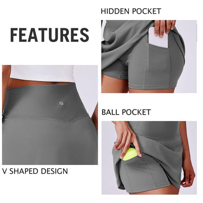 PINSPARK Tennis Skirt for Women High Waisted Athletic Golf Skorts Lightweight Mini Skirts Workout Skater Pockets, Grey Sage XXL