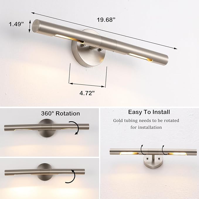 Brushed Nickel Picture Light 19 inches Modern Wall Sconce with Cylinder Metal Shades Rotatable 360°Indoor Wall Lighting Fixture Bathroom Vanity Light Bedroom Living Room