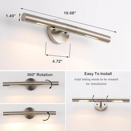 Brushed Nickel Picture Light 19 inches Modern Wall Sconce with Cylinder Metal Shades Rotatable 360°Indoor Wall Lighting Fixture Bathroom Vanity Light Bedroom Living Room