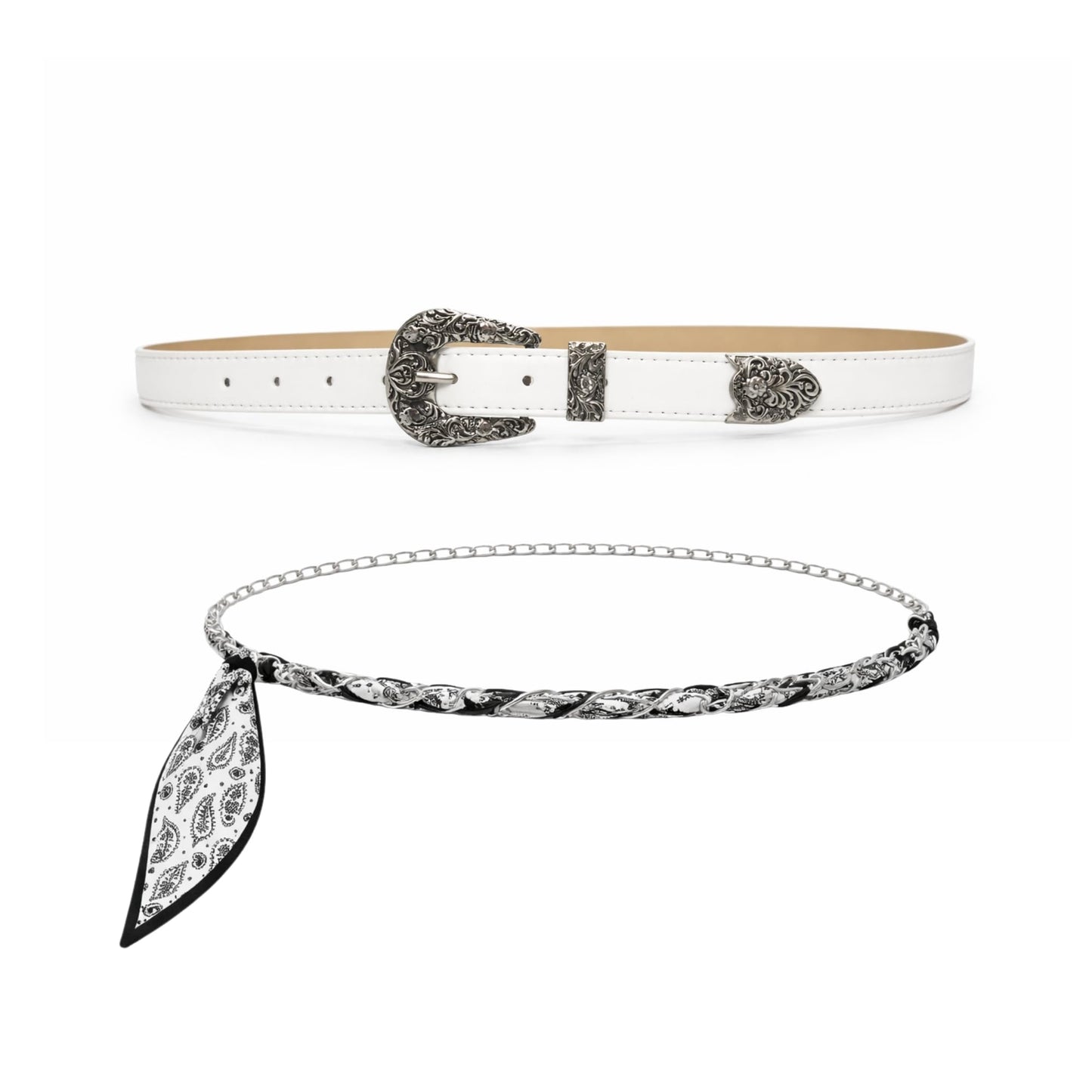 Women’s 2-Pack Belts – Faux Leather Skinny Jean Belt and Scarf Chain Belt – Stylish Waist Accessories for Everyday Wear (White with White Scarf Belt, S/M)