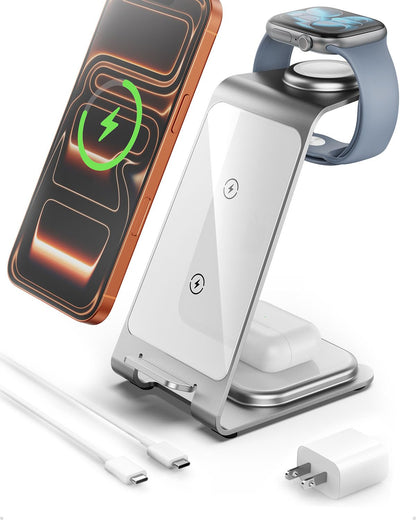 Intoval 3 in 1 Wireless Charging Station for iPhone 17 16 15 14 13 12 11 X Pro Max, Wireless Charger for Apple Watch Ultra 3 SE 9 8 7 6 5 4 3 2, for AirPods 4 Pro Pro 2 3 (Y93, Grey)