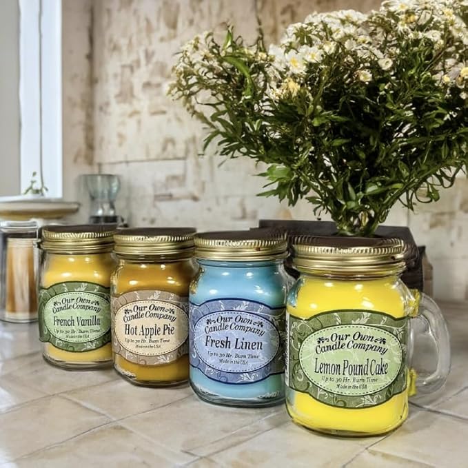 Our Own Candle Company 4 Pack Everyday Assortment Mini Mason Jar Candles - French Vanilla, Fresh Linen, Lemon Poundcake, Hot Apple Pie