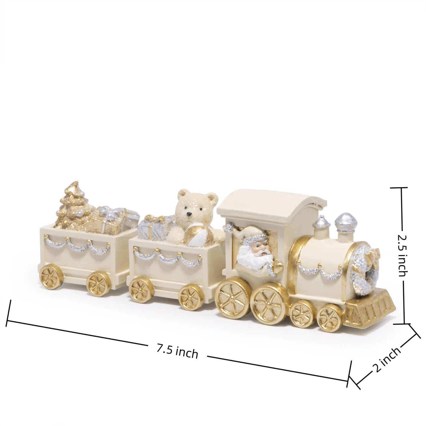 Hodao White Gold Christmas Train Decorations – Elegant Hand-Painted Resin Santa Claus and Teddy Bear Train, Luxury Ornament for Tabletop, Mantel, Home Christmas Decor Display