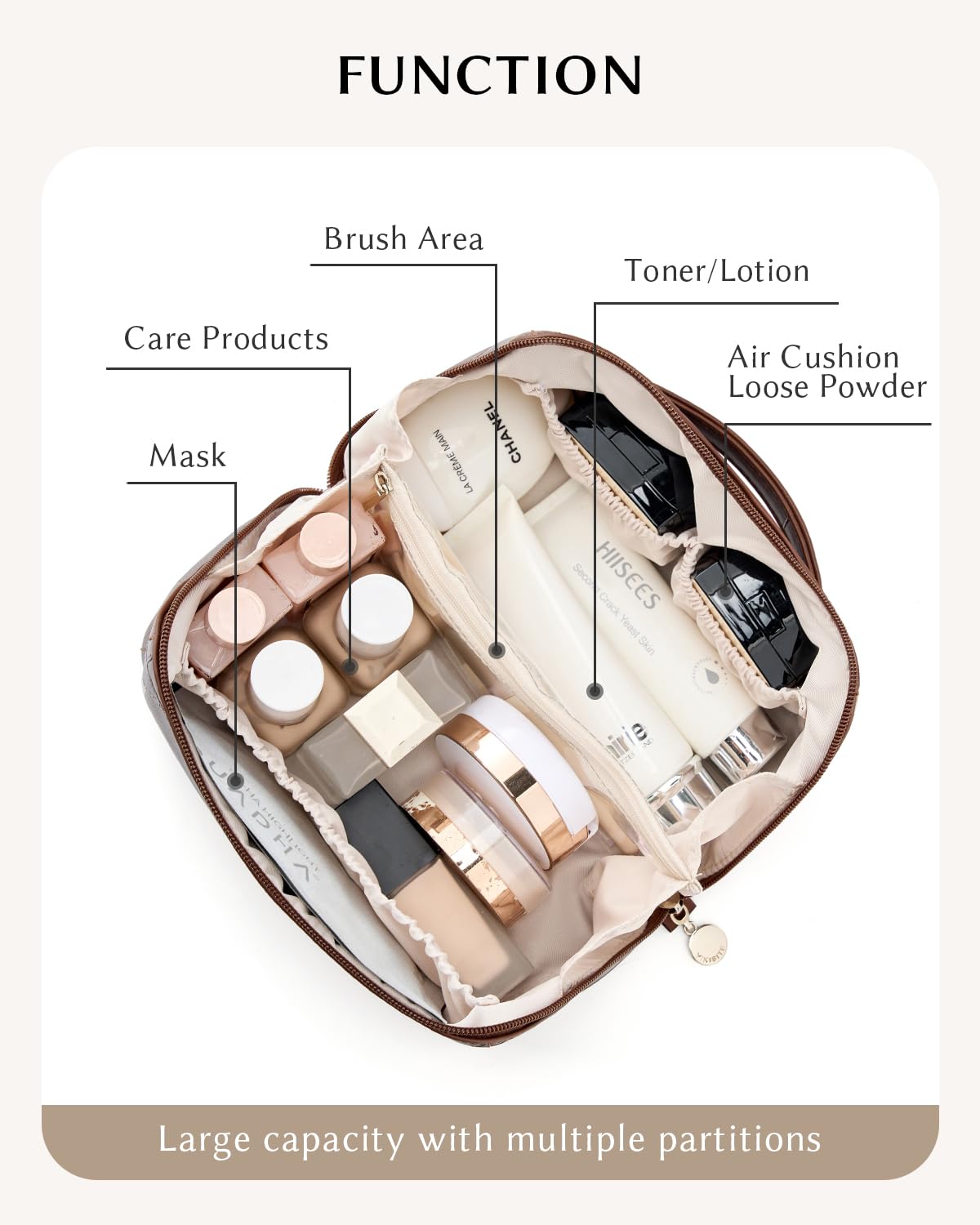 Yikisite Makeup Bag, Travel Cosmetic Bags toiletry bag for Women, Waterproof PU Leather Make Up Pouch Organizer Travel Essentials Organizer with Divider (Brown)
