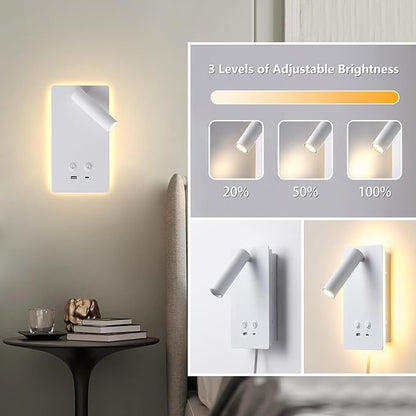 LED Wall Lamp Wall Mounted Reading Lights with 3 Brightness Dimmable, Adjustable Headboard Plug in Wall Sconce with USB C+A Ports, Bed Side Lamp with 9W+3W Night Light 3000K