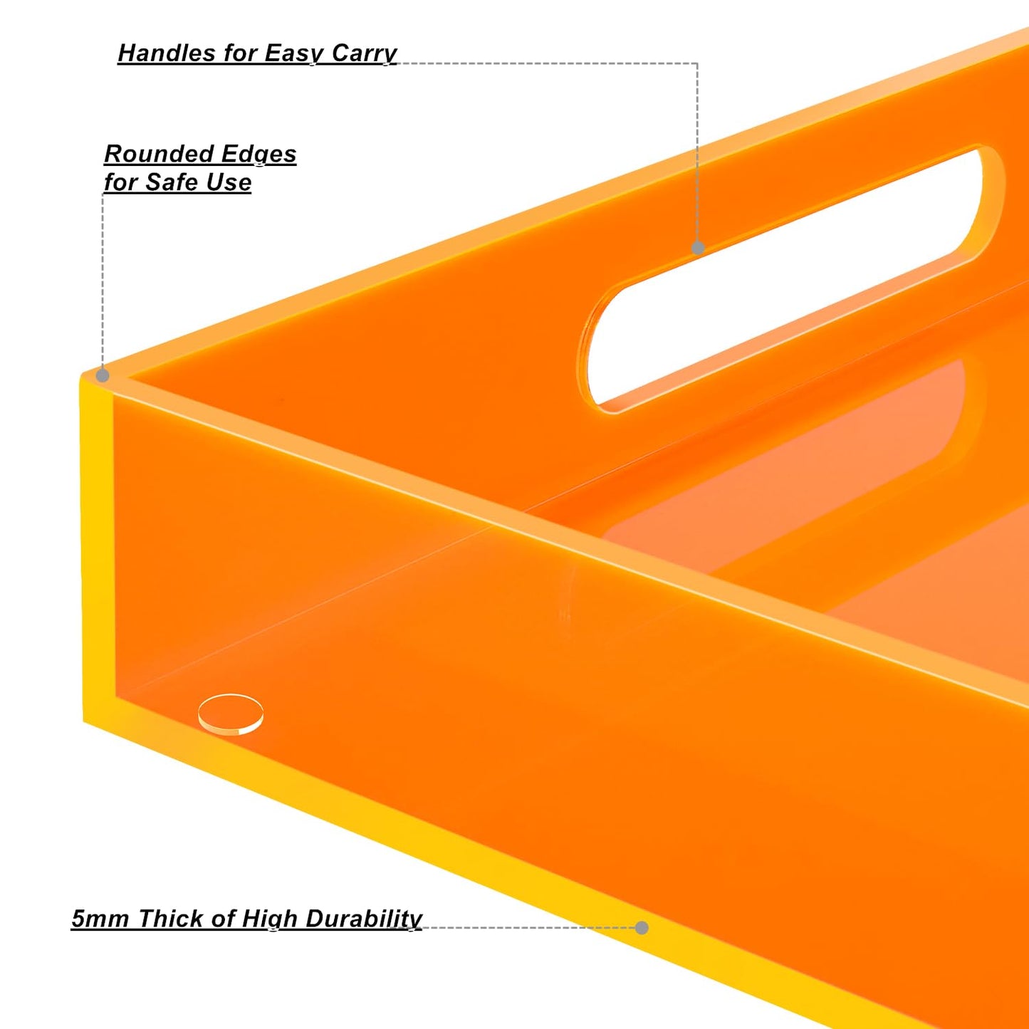 Large Acrylic Tray Ottoman Coffee Table Tray with Handles 17x13'' Decorative Serving Platter for Food Tea Dinner Snack Eating Bar Party, Neon Orange