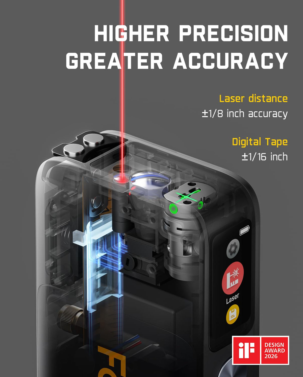Fanttik A10 Apex 3-in-1 Digital Laser Tape Measure with HD Color Display, 165Ft Rechargeable Laser Measurement & 32Ft Green Cross Line Laser & 9.8Ft Tape, 6 Units, for Distance/Area/Volume/Leveling
