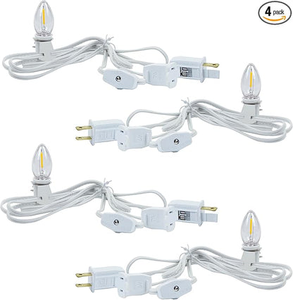 4 Pack Accessory Cord with LED Night Light Bulbs - White Cord with On/Off Switch Plugs - C7 led Bulb Warm White with Spare Fuse, for Holiday Decoration and Craft Village House Decoration