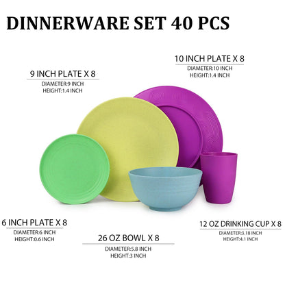Wheat Straw Dinnerware Set 40-Piece Service for 8 Unbreakable Dishes Set Plates and Bowls Sets Drinking Glasses Microwave Safe Dish Set Lightweight Dinnerware Set for Home & Kitchen - Yellow
