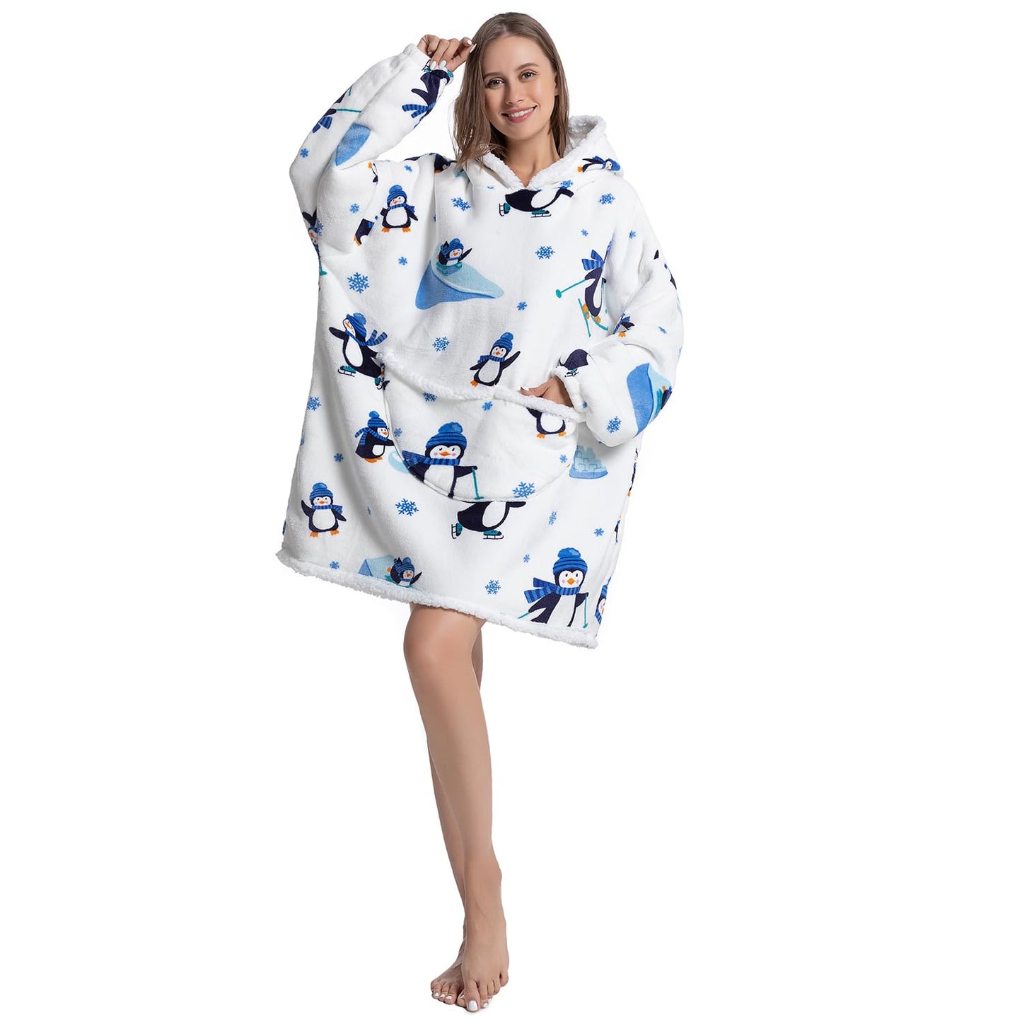Oversized White Penguin Comfy Wearable Blanket, Big Sherpa Fleece Animal TV Hoodie Sweatshirt, Christmas Gifts for Adults Women Girls Teens