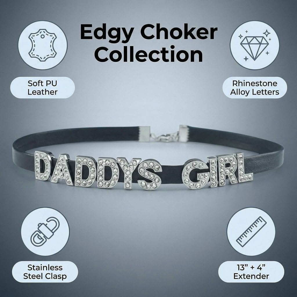 GlitterWe 2Pcs Daddy's Choker For Dating,Gothic Love Heart Leather Choker Necklace for Women,Punk Studded Rivet PU Collar Necklace With Spikes,Black Adjustable Letters Jewelry with Chain For Halloween Valentine's Day