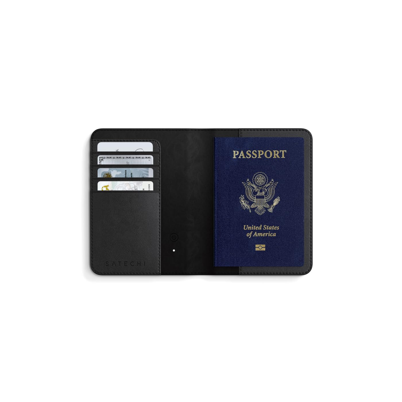Satechi Passport Holder for Travel with Find My, Passport Cover with 4 Card Holder, Wireless Charging, and RFID protection – Travel Essential Vegan Leather Passport Holder – Black