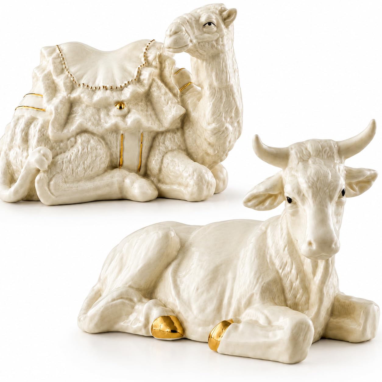 Belleek Living Manger Set Ox and Camel, Christmas Nativity Figurines with Gold Embossed Detail, Holiday Home Decor Set of 2 Assortment Figurines