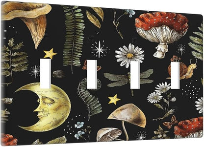 Nature Plant Botanical Daisy Mushroom Snails And Moon Quad Gang Toggle Light Switch Cover 4-Gang Wall Plates Decorative Electrical Switchplate for Home Bedroom Art Decorate