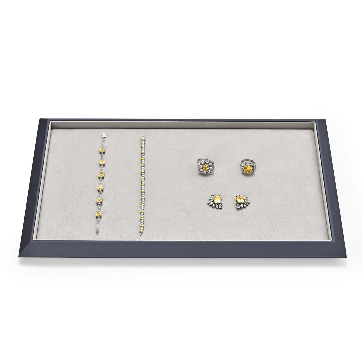 Oirlv Gray Leather Jewelry Display Tray with Microfiber Lining, Premium Square Corner Organizer