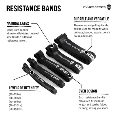 Gymreapers Resistance Bands for Working Out – Elastic Pull Up Exercise Assistance Bands Set for Powerlifting, Stretching, WOD, Strength Training – for Men & Women (5 Bands - Black Set)
