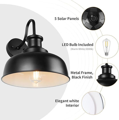 Solar Barn Light for Outside, Dusk to Dawn Gooseneck Outdoor Wall Lights Solar Powered, Farmhouse Exterior Wall Sconce, Industrial Outside Lighting Fixture, Rustic Lantern for Garage, Barn, Shed