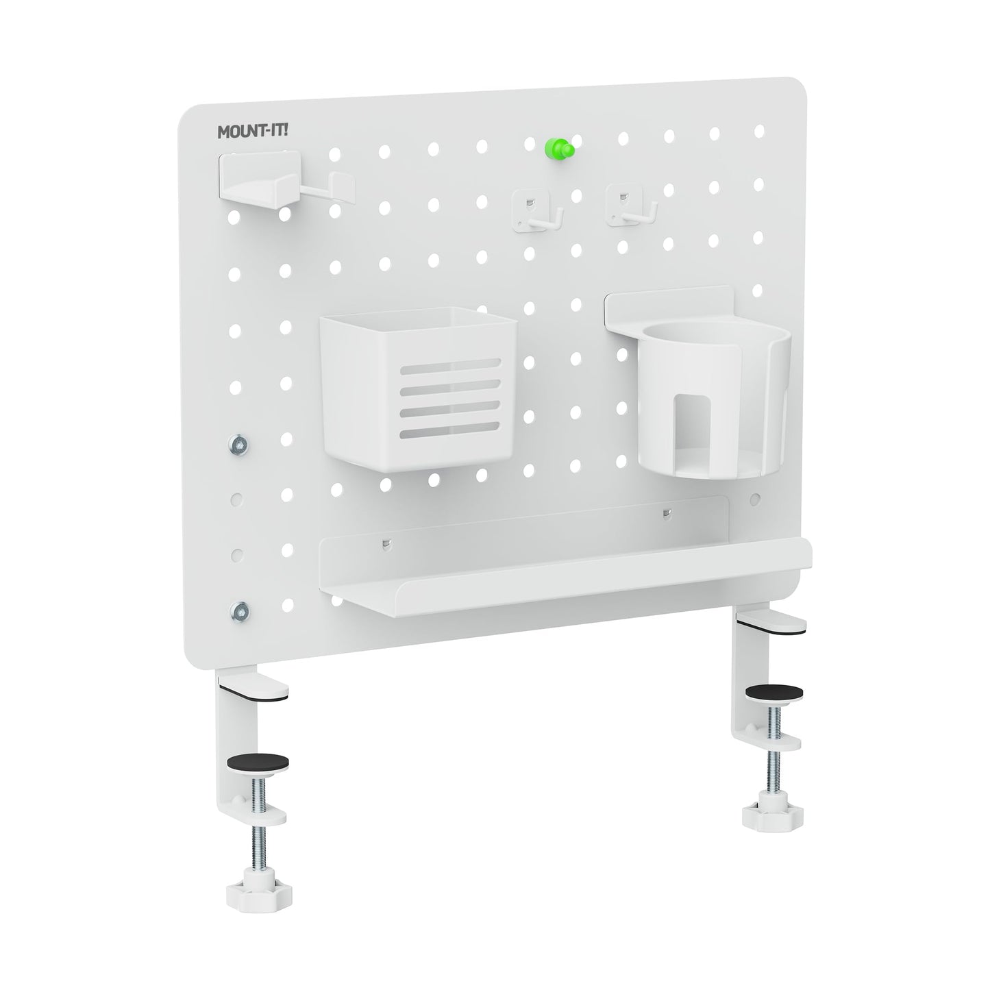 Mount-It! Clamp-On Pegboard Organizer | Adaptable Desk Storage for Home Office, Gaming & Crafting | Easily Organize Essentials with Shelf, Cup Holder & Hooks (White)