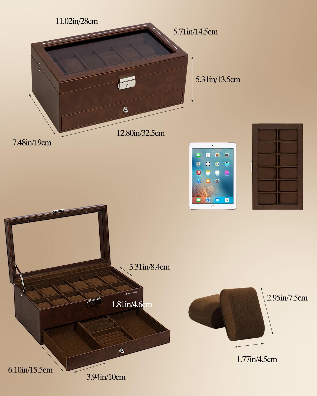GUKA Watch Box 12 Slot Watch Display Organizer Leather Jewelry Case Drawer Glass Birthday for Men Women, Child Husband Dad GK-012-BROWN-LED-24