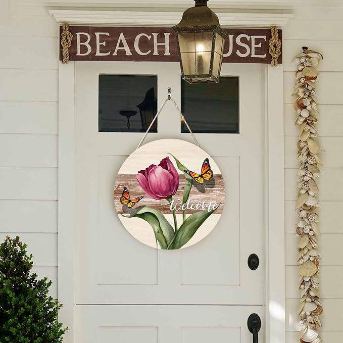Farmhouse Front Porch Decor Door Hanging Retro Beautiful Tulip Butterfly 12in Round Wooden Hanging Housewarming Home Decor Present