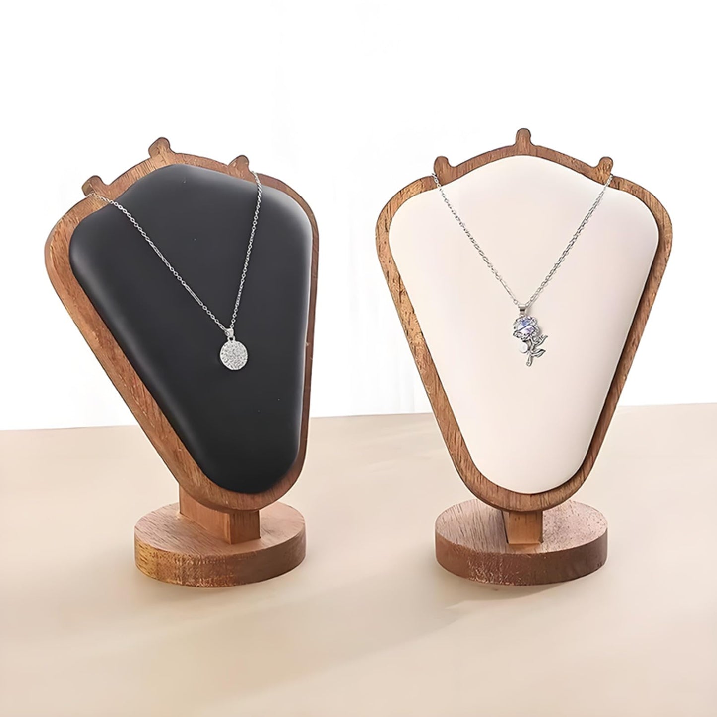 SWTOOL Walnut Color Body Wood Necklace Display Stand with White Leather Soft Mat Necklace Holder Organizer Desktop Stand for Home Store Dresser-3.3"x5.8"x8.4"