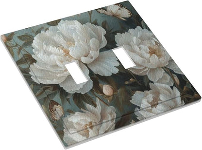 Decorative Art Light Switch Covers Butterflies & Peonies 2 Gang Double Toggle Wall Plate Decorative Switchcover Electrical Switchplate for Home Decor