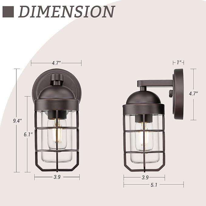 Emliviar Farmhouse Outdoor Wall Sconces, 2 Pack Vintage Exterior Light Fixtures with Nautical Metal Cage and Tempered Glass, Oil Rubbed Bronze Finish, GE255B-2PK ORB
