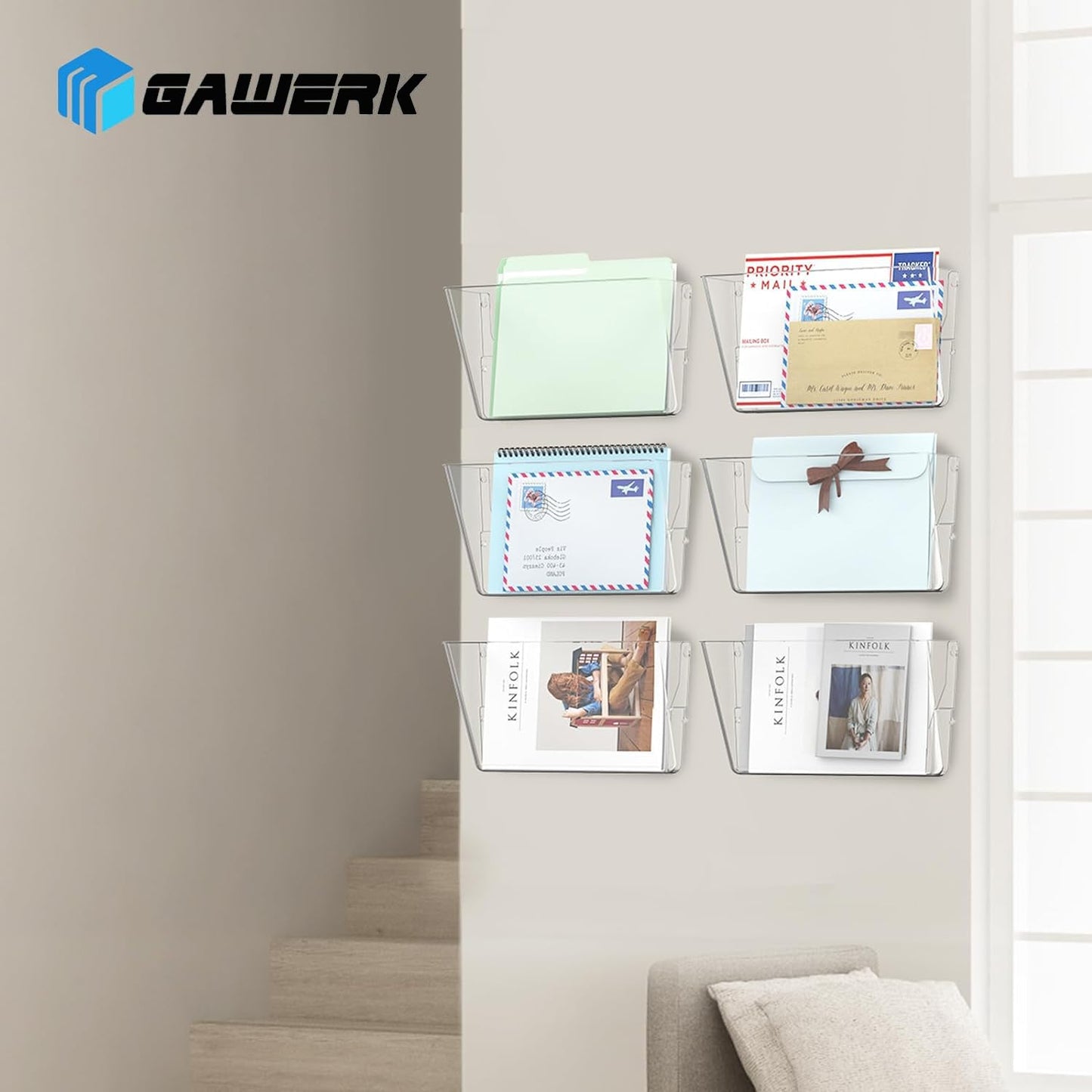 Gawerk Clear Acrylic Single Pocket, Plastic Hanging Wall Mount File Holder for Office Home (Clear, 3 Pack)