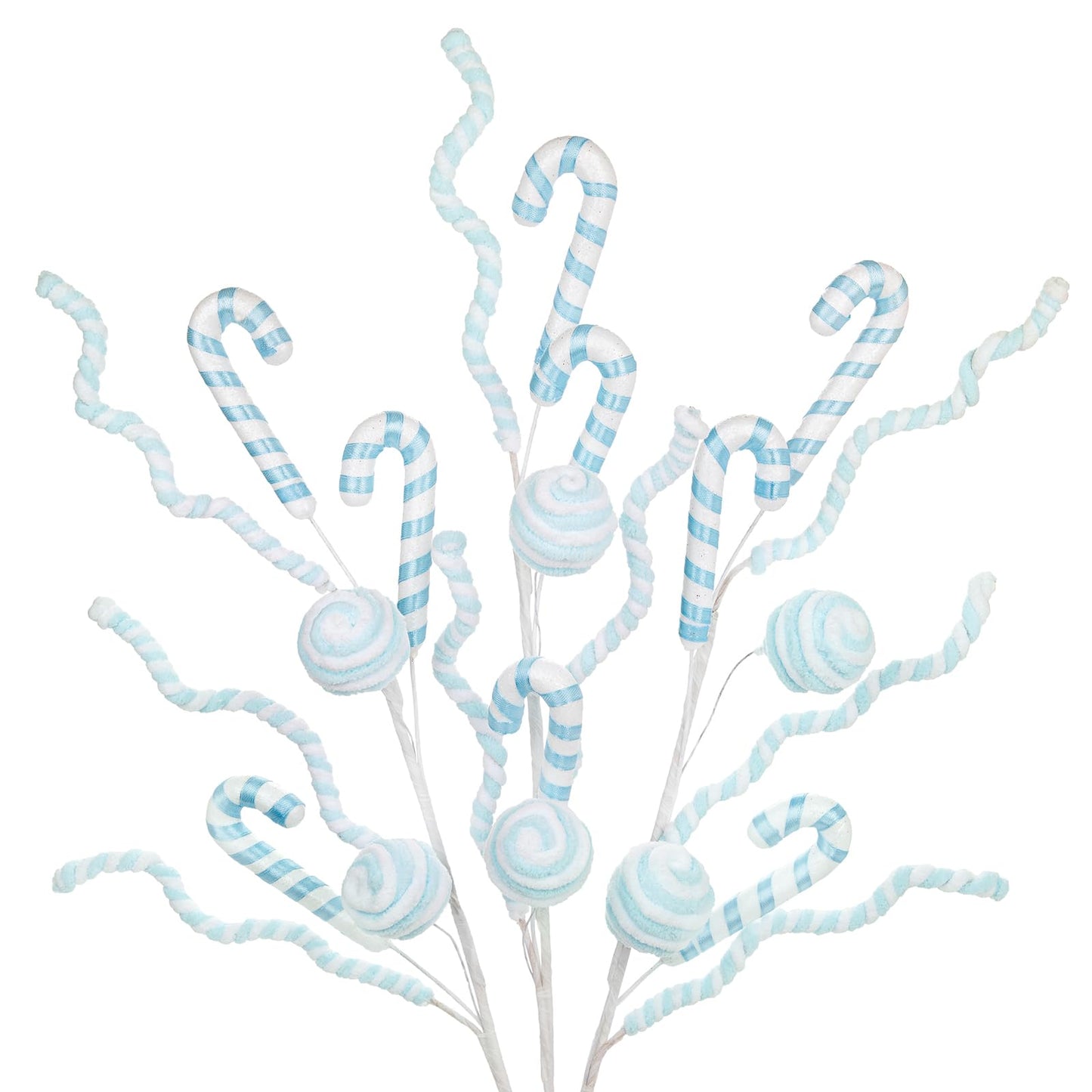 Briful 3PCS Christmas Striped Candy Cane Picks Spray, 27.5in Blue & White Candy Cane Christmas Tree Ornaments for Xmas Wreaths Holiday Vase Arrangements