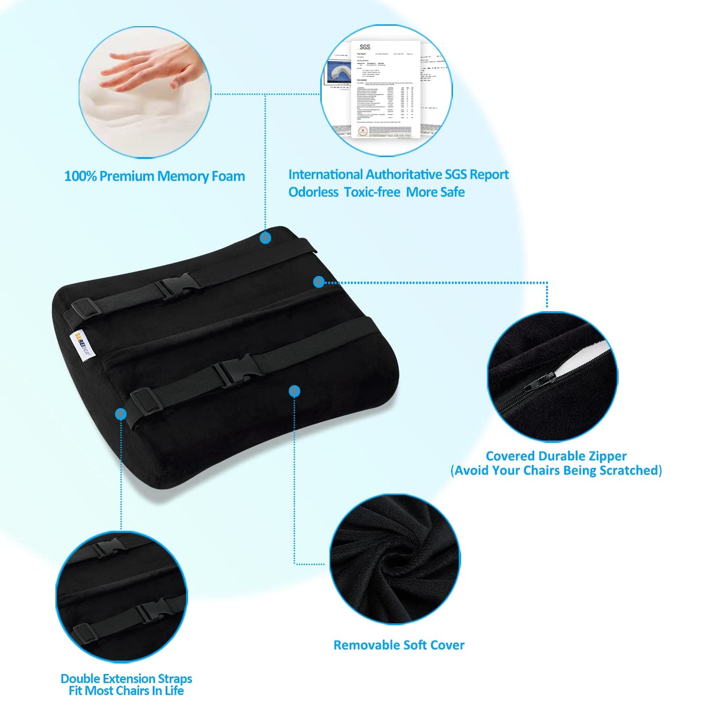 SAIREIDER Seat Cushion and Lumbar Support Pillow for Office Chair, Memory Foam Car Seat Cushions Back Support Pillows, Help Relieve Pain of Back, Lumbar, Tailbone and Sciatic Nerve（Black）
