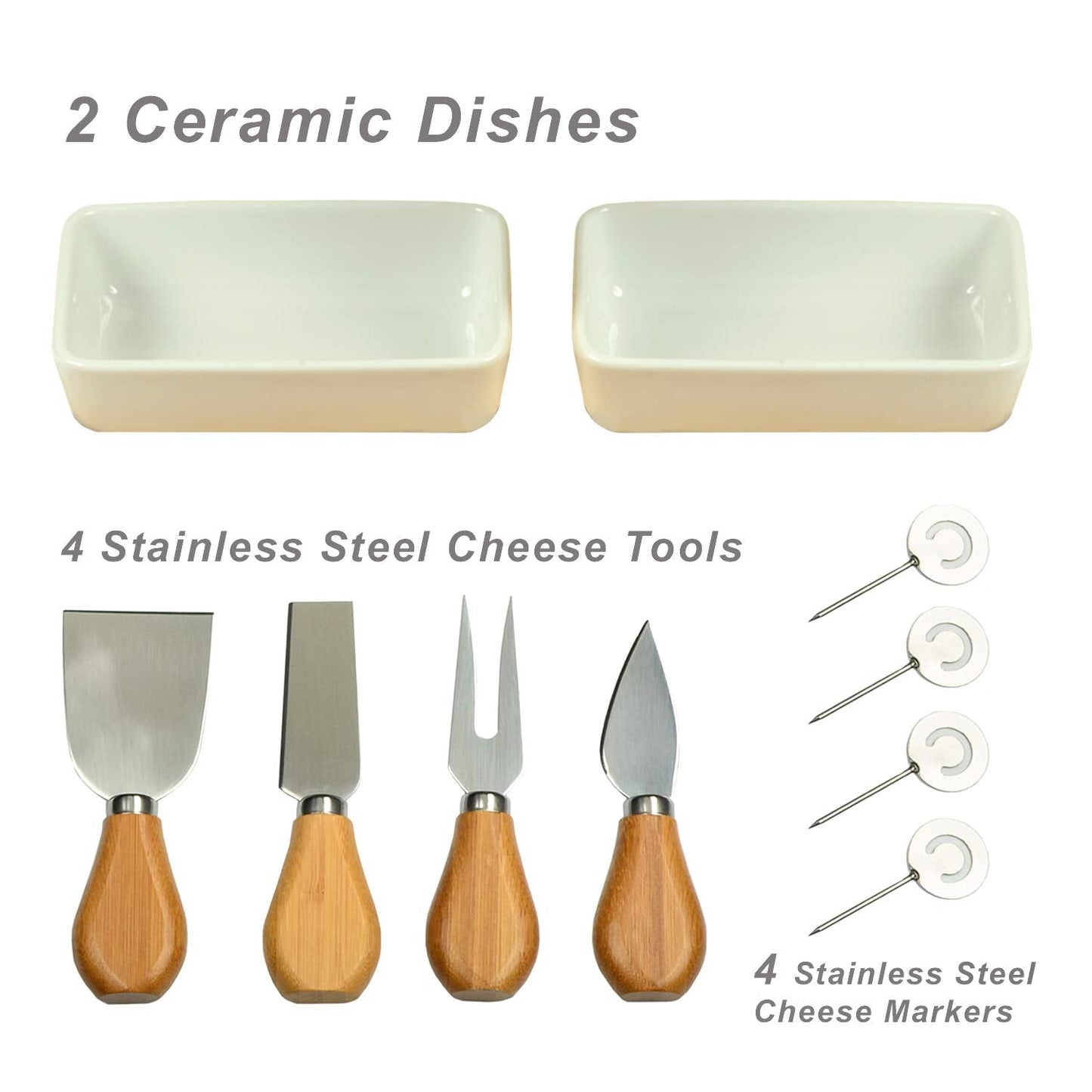Picnic at Ascot Large Bamboo Cheese Board/Charcuterie Platter with 4 Stainless Steel Tools, 2 Ceramic Trays & Cheese Markers -16" x 13"- Designed & Quality Checked in USA