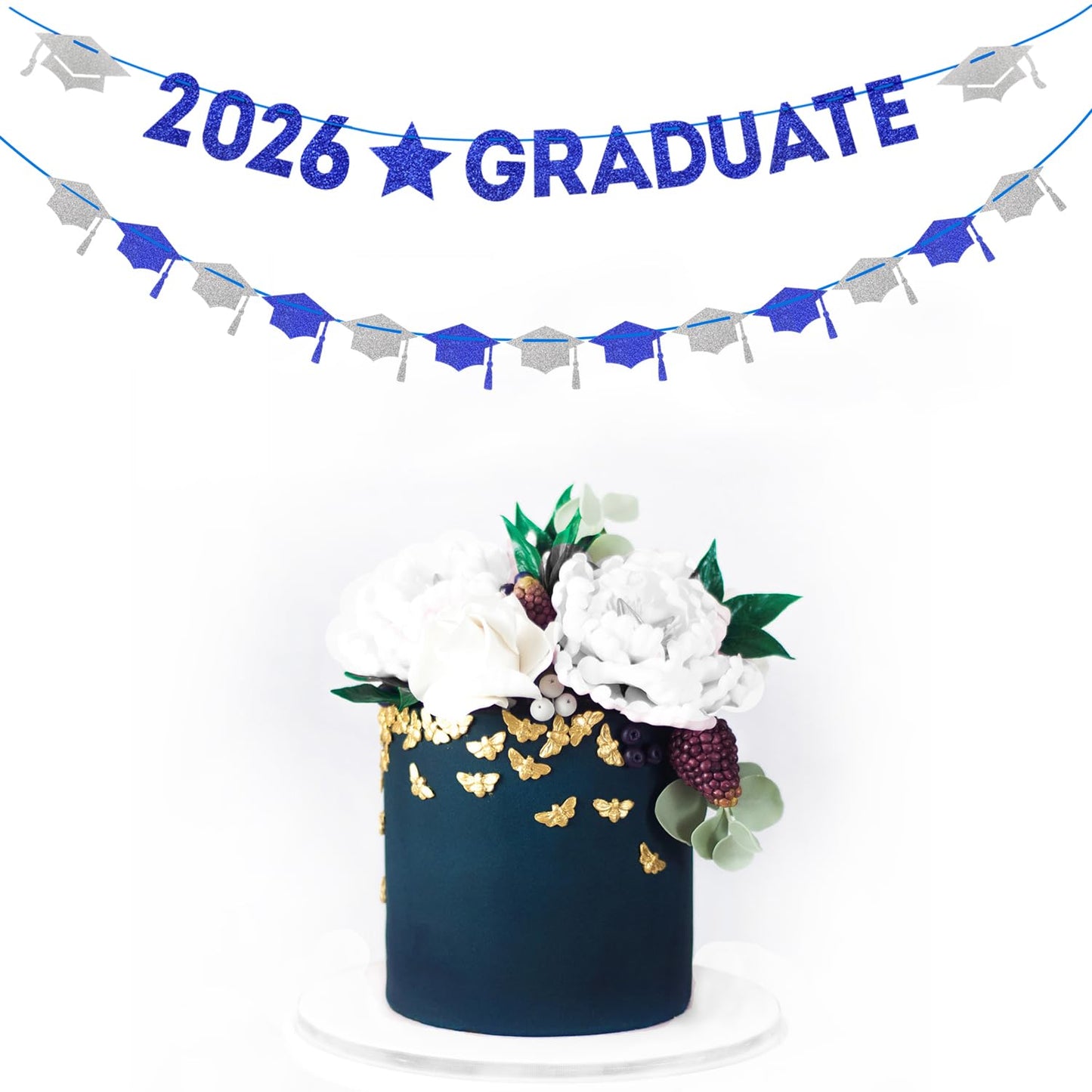 Navy-Blue White-Silver Party-Decoration Graduation Banner - 8pcs Kits Cap Garland Streamers, Paper Tissue Pom Poms Flowers, 2026 Craduate Banner Congratulations Grad Decor Lasting Surprise
