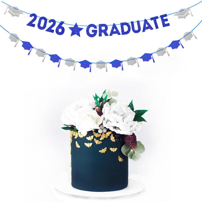 Navy-Blue White-Silver Party-Decoration Graduation Banner - 8pcs Kits Cap Garland Streamers, Paper Tissue Pom Poms Flowers, 2026 Craduate Banner Congratulations Grad Decor Lasting Surprise
