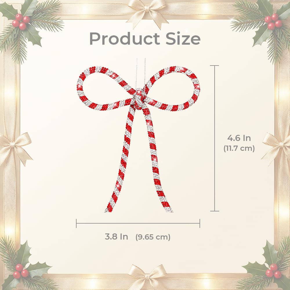XMIAOX 3 Pcs Handmade Rhinestone Bow Christmas Ornaments, Sparkling Candy Cane Bows for Holiday Tree, Wreath & Gift Wrapping, Reusable Holiday, Home, Party Décor (Red & Silver, Small)