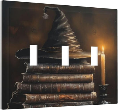 Decorative Art Light Switch Covers Wizard’s Hat & Spellbooks 3 Gang Triple Toggle Wall Plate Decorative Switch plate Electrical Faceplate for Home Decor