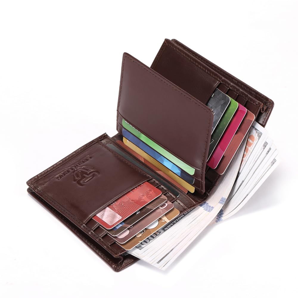 LEBULLBRO Leather Wallet for Mens Bifold Wallet RFID Blocking Large Capacity Purse Credit Card Holder for Men with 15 Card Slots (Coffee)