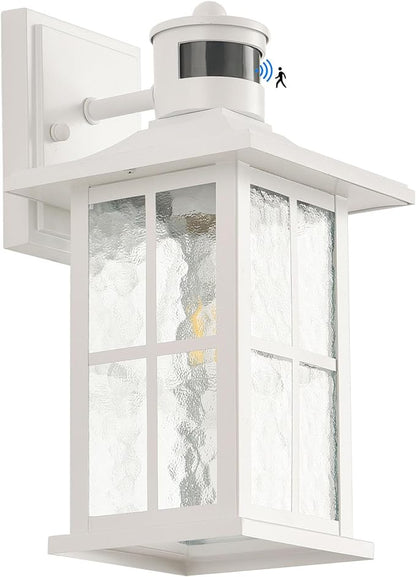 Motion Sensor Outdoor Wall Light Fixtures Dusk to Dawn Exterior Porch Lantern White Outside Sconce Lighting Rustic Wall Mount Lamp with Water Ripple Glass for House Garage Patio Entryway