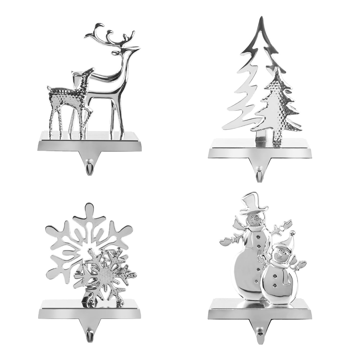 Christmas Stocking Holders for Mantel Set of 4, Stocking Hangers Reindeer Snowman Christmas Tree Snowflake Metal for Fireplace Mantel Holiday Christmas Decorations Stocking Hanger Hook - Silver